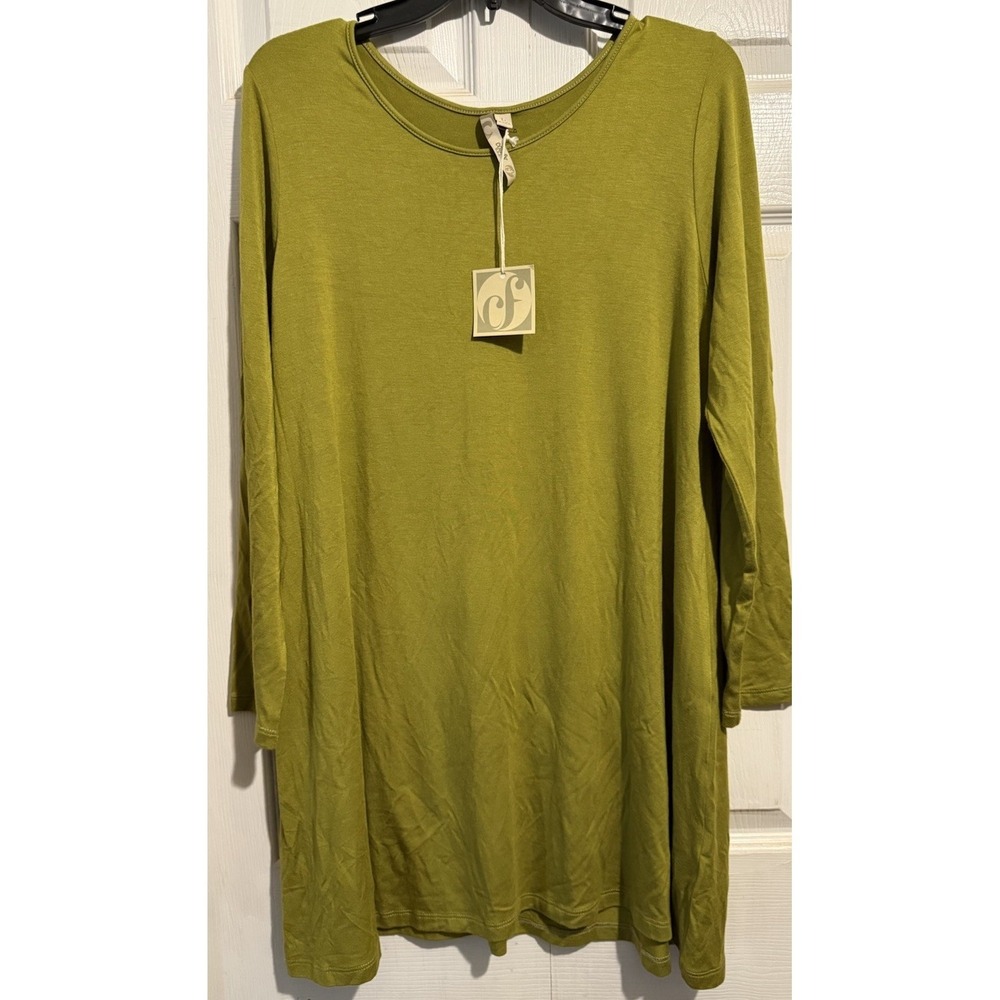 Comfy USA Women's LARGE Green Stretch Jersey Knit Long Tunic Top Shirt Long Tee